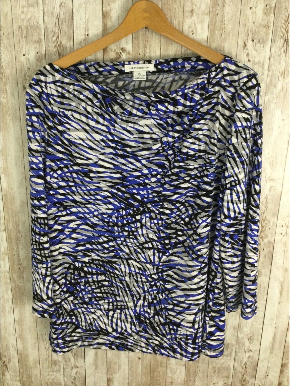 Liz Claiborne Blue Black Drape Cowl Neck Top 3/4 Sleeve Size XL Easy Care Artsy